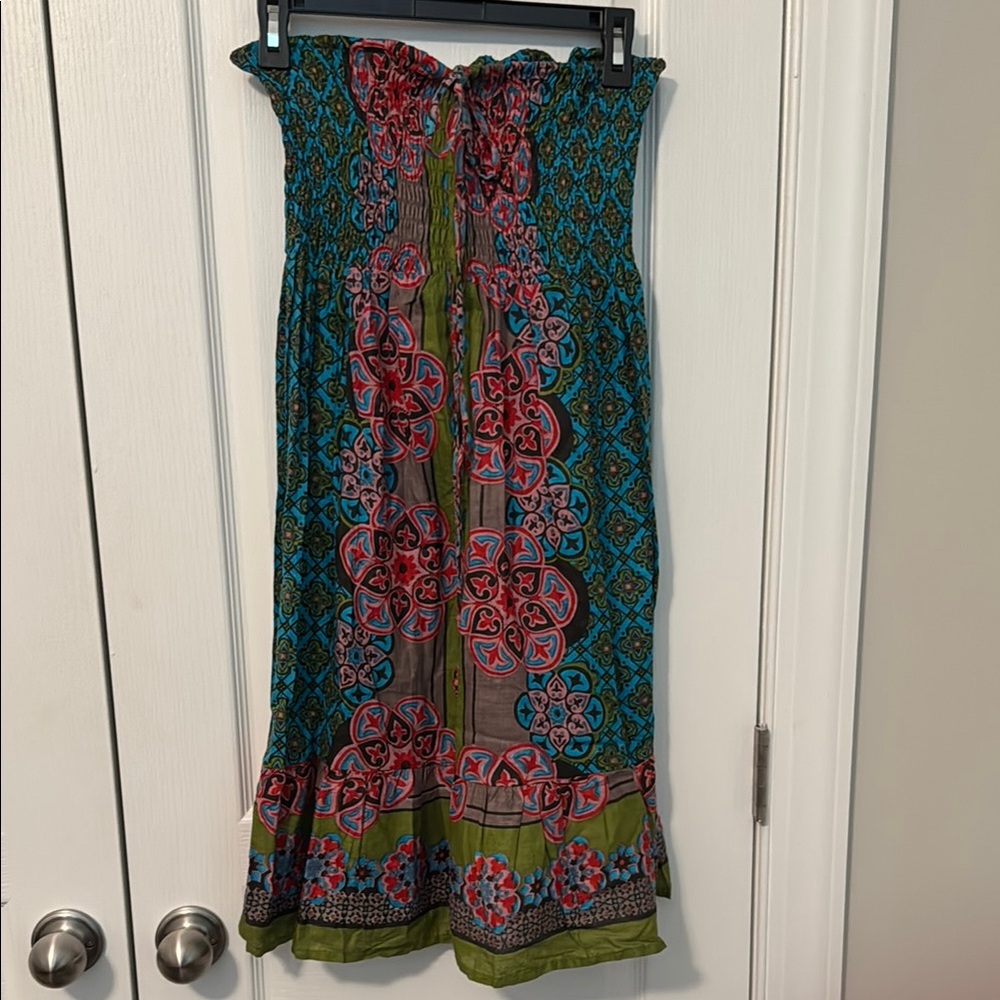 Women’s Medium Boho Printed Strapless Dress in Teal/Blue, Pink, Red, and Olive